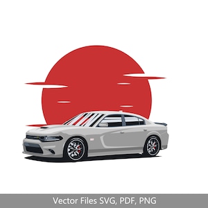 以下が含まれることがあります： 赤い太陽を背にした銀色のダッジチャージャー。車は画像の左側を向いている。太陽は背景にあり、赤色である。