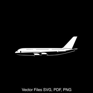 May include: A white airplane silhouette against a black background. The aircraft is depicted in profile, showcasing its wings, fuselage, and tail. The image includes the text "Vector Files SVG, PDF, PNG" at the bottom.