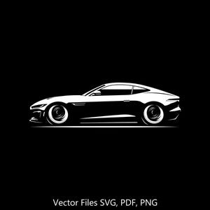 Puede incluir: Una silueta blanca de un coche deportivo sobre un fondo negro. El coche se ve de lado y tiene un diseño elegante y moderno.