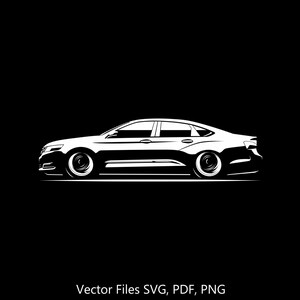 以下が含まれることがあります： 黒い背景に白いセダンのシルエット。車は、長いボンネットと傾斜したルーフラインを持つスタイリッシュなデザイン。車は右向きで、大きな車輪を備えています。