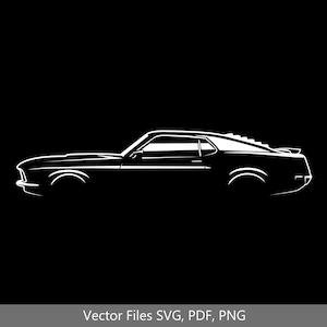 May include: A white silhouette of a classic muscle car, viewed from the side, against a black background.