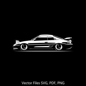 May include: A white sports car illustration on a black background. The car has a spoiler and low profile tyres. The image includes the text "Vector Files SVG, PDF, PNG".