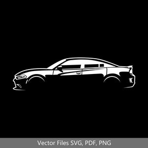 以下が含まれることがあります： 黒い背景に白い車のシルエット、おそらくダッジチャージャー。車は側面から見ており、前輪と後輪が見える。