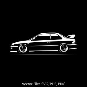May include: A white silhouette of a car with a spoiler on the back. The car is on a black background. Vector Files SVG, PDF, PNG.