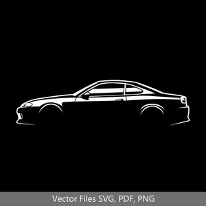 Puede incluir: Una silueta blanca de un coche coupé sobre un fondo negro. Archivos vectoriales SVG, PDF, PNG.