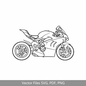 May include: A black and white line drawing of a motorcycle. The motorcycle has a sleek, modern design with a large front fairing and a single seat.