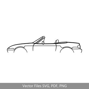 May include: Line art drawing of a convertible car. The car is drawn in profile view with the top down. The car has a rounded body style and a simple design.