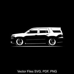 May include: A white SUV silhouette against a black background. The vehicle has large wheels and a lowered stance, with the text "Vector Files SVG, PDF, PNG" at the bottom.