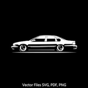 Pode incluir: Uma silhueta branca de um carro clássico sobre um fundo preto. O carro é um sedan de quatro portas e um porta-malas. O carro tem um design simples sem detalhes visíveis.
