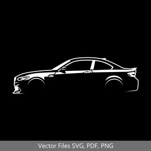 May include: A white silhouette of a sports car viewed from the side. The car has a sleek design with a low profile and a sporty stance.