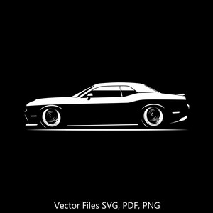 May include: A white silhouette of a classic muscle car with a black background. The car is viewed from the side and has a long hood and a short rear deck. The car has large wheels and a sporty design.