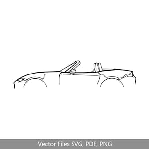 Puede incluir: Dibujo de línea de un coche descapotable con la capota bajada. El coche está dibujado en vista de perfil, con la parte delantera del coche mirando hacia el lado izquierdo de la imagen.