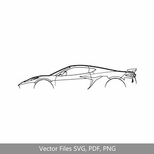 May include: Line art drawing of a black sports car in profile view. The car has a sleek, modern design with a low-slung body and a prominent rear spoiler.