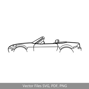 Può includere: Illustrazione a linea di un'auto convertibile con la capote abbassata. L'auto è disegnata in vista di profilo.