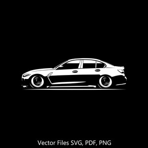 May include: A white silhouette of a sedan car with black wheels. The car is facing the left side of the image. The image has the text "Vector Files SVG, PDF, PNG" at the bottom.