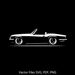 May include: A white silhouette of a classic convertible car on a black background. The car has a rounded body style and a long hood. The car is facing to the right. The text "Vector Files SVG, PDF, PNG" is below the car.