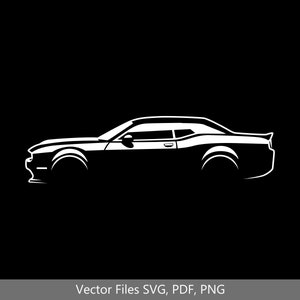 May include: A white silhouette of a muscle car with a black background. The car is facing to the right and has a sporty design.