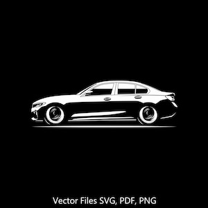 May include: A white silhouette of a sedan car on a black background. The car is facing to the right and has a sleek, modern design.