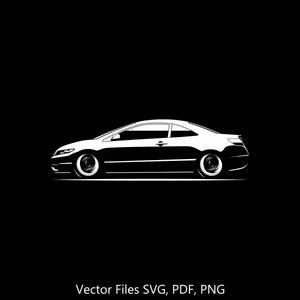 May include: A white silhouette of a car on a black background. The car is a coupe with a sleek design. The image includes the text "Vector Files SVG, PDF, PNG".