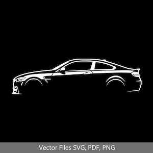 May include: A white silhouette of a sports car against a black background. The car is viewed from the side, with the front wheels visible.