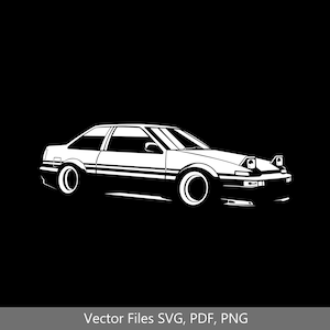 May include: A white silhouette of a classic Japanese sports car with black accents. The car has a low profile and a sporty design. The image is set against a black background.