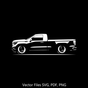 May include: A white silhouette of a pickup truck against a black background. The truck is depicted in a side profile, showcasing its lowered suspension and custom wheels. The image includes the text "Vector Files SVG, PDF, PNG".