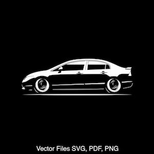 Pode incluir: Uma silhueta branca de um sedan sobre um fundo preto. O carro está voltado para o lado direito da imagem. O carro tem um design simples sem detalhes.