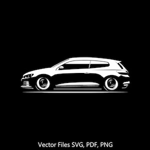 May include: A white silhouette of a compact car with black wheels against a black background. The car is facing the right side of the image. The text "Vector Files SVG, PDF, PNG" is at the bottom of the image.