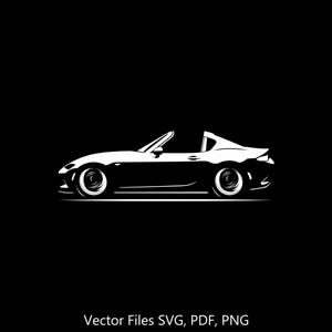 Puede incluir: Una silueta blanca de un coche deportivo descapotable sobre un fondo negro. El coche tiene un perfil bajo y un diseño elegante.