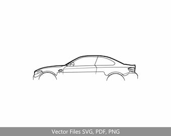 May include: Line drawing of a black and white car, side view, with the text "Vector Files SVG, PDF, PNG" at the bottom.