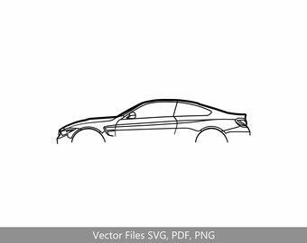 May include: Line drawing of a black and white car, side view. The car has a sleek, sporty design. The text "Vector Files SVG, PDF, PNG" is at the bottom of the image.