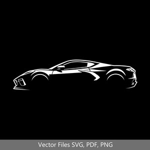 May include: A white silhouette of a sports car on a black background. The car is viewed from the side and has a low profile.