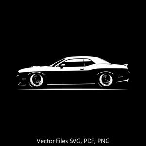 May include: A white silhouette of a classic muscle car, viewed from the side, against a black background. The car has a long hood, a low roofline, and large wheels. The text "Vector Files SVG, PDF, PNG" is below the car.