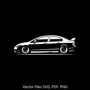 May include: A white silhouette of a car on a black background. The car is a sedan with a spoiler on the trunk. The text "Vector Files SVG, PDF, PNG" is below the car.