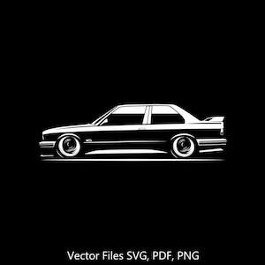 May include: A white silhouette of a classic car against a black background. The car is a coupe with a sleek design and a sporty look. The image includes the text "Vector Files SVG, PDF, PNG".