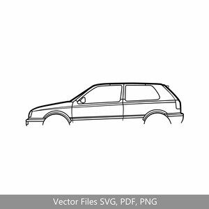 Puede incluir: Un dibujo en blanco y negro de un coche Volkswagen Golf, visto de lado.