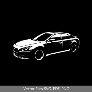 Könnte beinhalten: Eine weiße Silhouette eines Sedans auf schwarzem Hintergrund. Das Auto ist zur linken Seite des Bildes gerichtet. Das Auto hat ein elegantes Design mit einer abgerundeten Front und einer abfallenden Dachlinie.