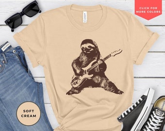 Sloth playing guitar shirt, Funny sloth Shirt, Graphic t shirts, Cute Sloth shirt, Gift for Sloth Lovers, Animal playing guitar tshirt,Cream