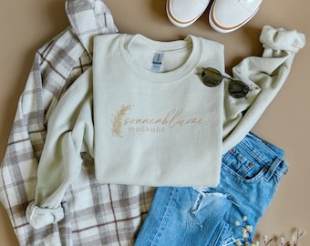 Gildan 18000 mockup Sand, Gildan mockup flat lay, 18000 Gildan heavy blend mockup, fall outfit lifestyle mockup, 18000 crewneck mockup