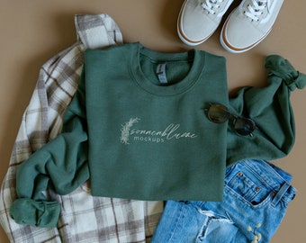Gildan 18000 mockup Military Green, Gildan flat lay, 18000 Gildan heavy blend mockup, fall outfit lifestyle mockup, 18000 crewneck mockup