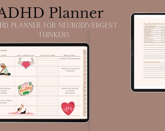 May include: A digital planner for people with ADHD. The planner has a goal section with illustrations of a person stretching, a heart with muscles, a bowl of ice cream, a sticker that says "Eat Healthy", and a heart with a heartbeat. The planner also has a monthly reflection section with a calendar and space for writing.