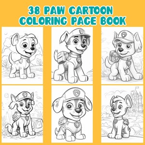 38 Paw Cartoon Coloring Page Book, Paw Cartoon To Color, Paw Cartoon Coloring, Kids Birthday Party Activity, Instant Download
