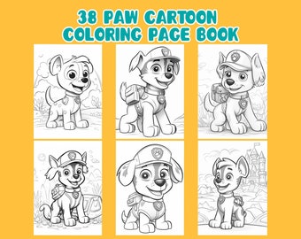 38 Paw Cartoon Coloring Page Book, Paw Cartoon To Color, Paw Cartoon Coloring, Kids Birthday Party Activity, Instant Download