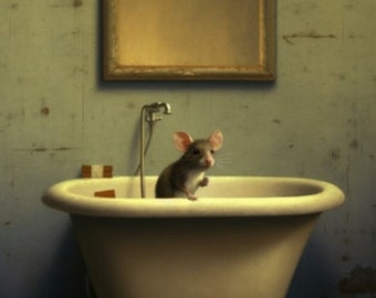 May include: A small gray mouse sits in a white porcelain bathtub with a claw foot design. The bathtub is in a bathroom with a mirror above it.