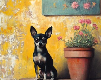 May include: A black and brown chihuahua sits on a ledge in front of a yellow wall. A potted plant with pink flowers is to the right of the dog. A blue and green painting hangs on the wall behind the dog.