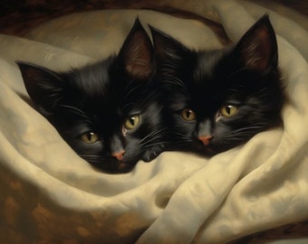 Two Sleepy Black Cats - Art Print