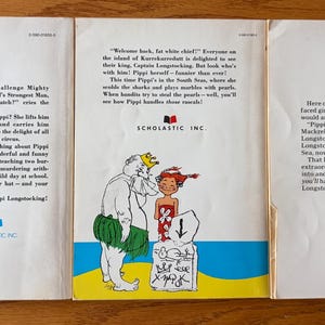May include: Three vintage book covers from the Pippi Longstocking series. The covers feature illustrations and text, with a coat rack and a blue garment on the left. The middle cover shows a cartoon of a man and a girl.