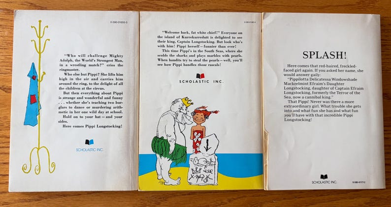 May include: Three vintage book covers from the Pippi Longstocking series. The covers feature illustrations and text, with a coat rack and a blue garment on the left. The middle cover shows a cartoon of a man and a girl.