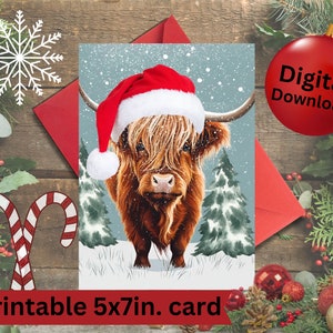 Adorável vaca fofa das montanhas para impressão em 5 x 7 pol. download digital de cartão de Natal