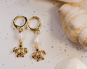 PRE-ORDER - Sea Turtle Earrings, Natural Freshwater Pearls, 18K Gold Plated, Waterproof Jewellery, Ocean Earrings, Gold Hoops, Ocean Lover